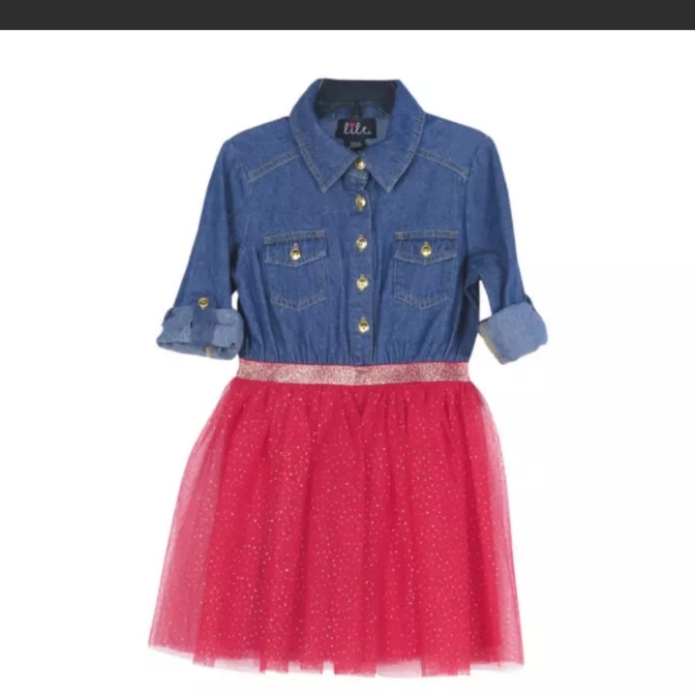 Lilt Girls Plus 3/4 Roll Sleeve Denim Red Gold Glitter Mesh Dress Size XXL(20.5)